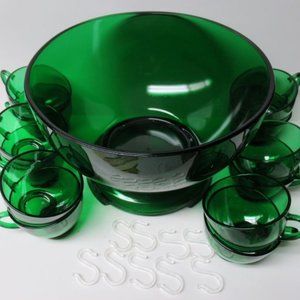 Anchor Hocking Fire King Forest Green 14 Piece Punch Bowl Set, 9 Cup Hooks